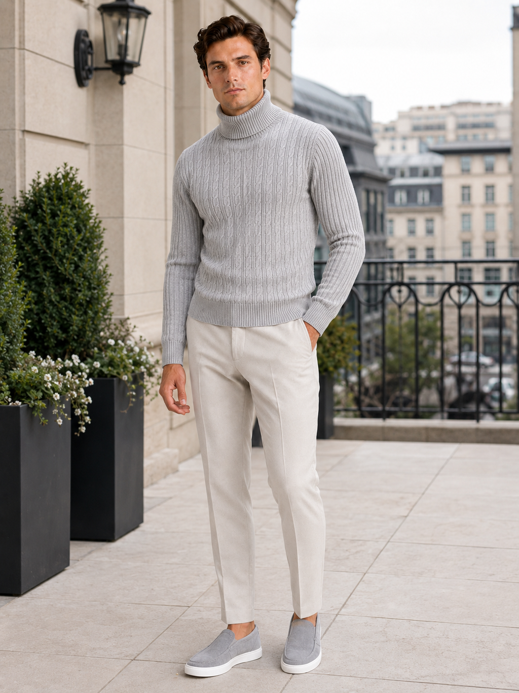 Man styling light gray cable knit turtleneck sweater in a clean winter lifestyle outfit