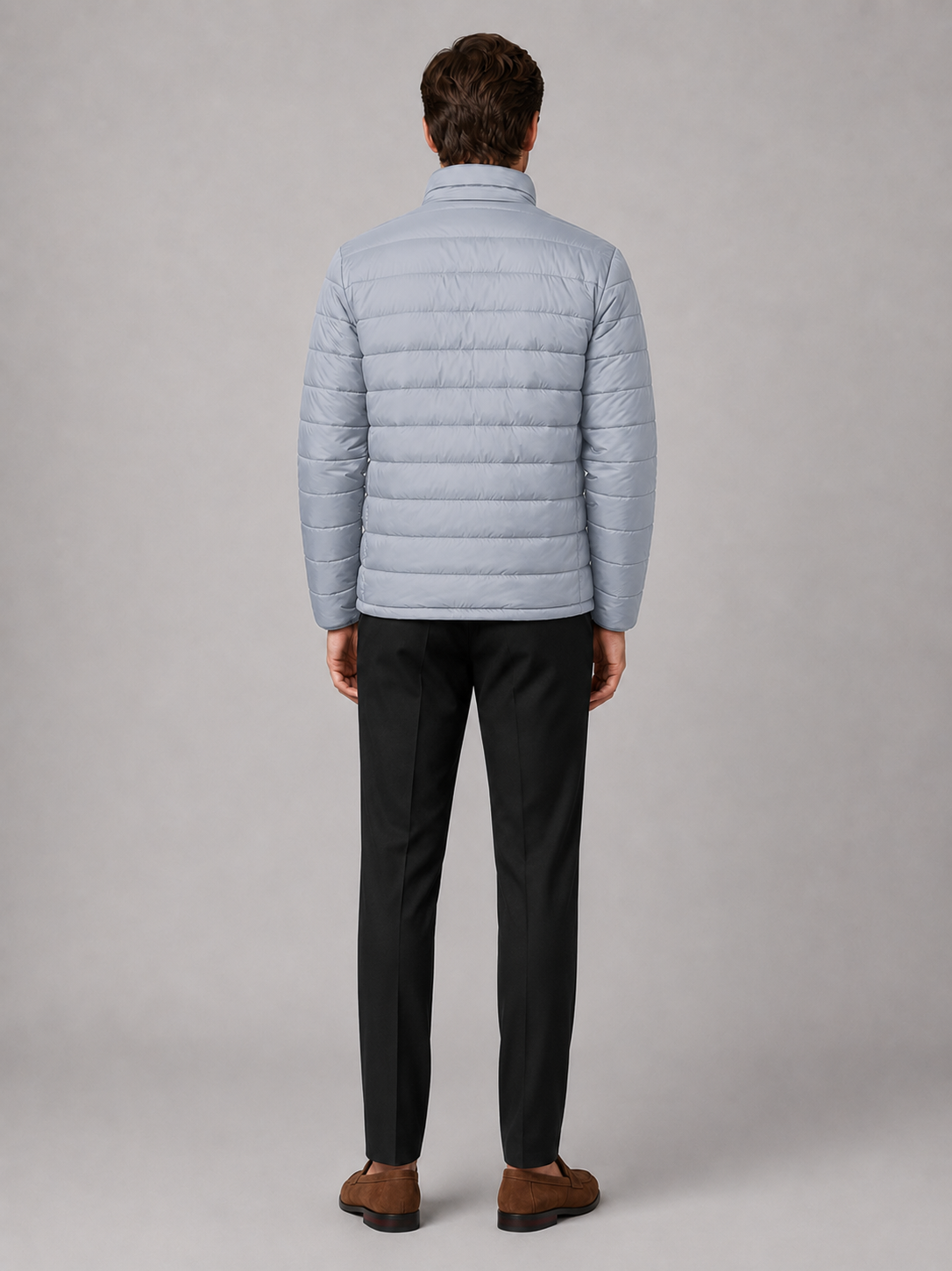Men’s light gray insulated down jacket comfortable cold weather outerwear for hiking and casual outfits