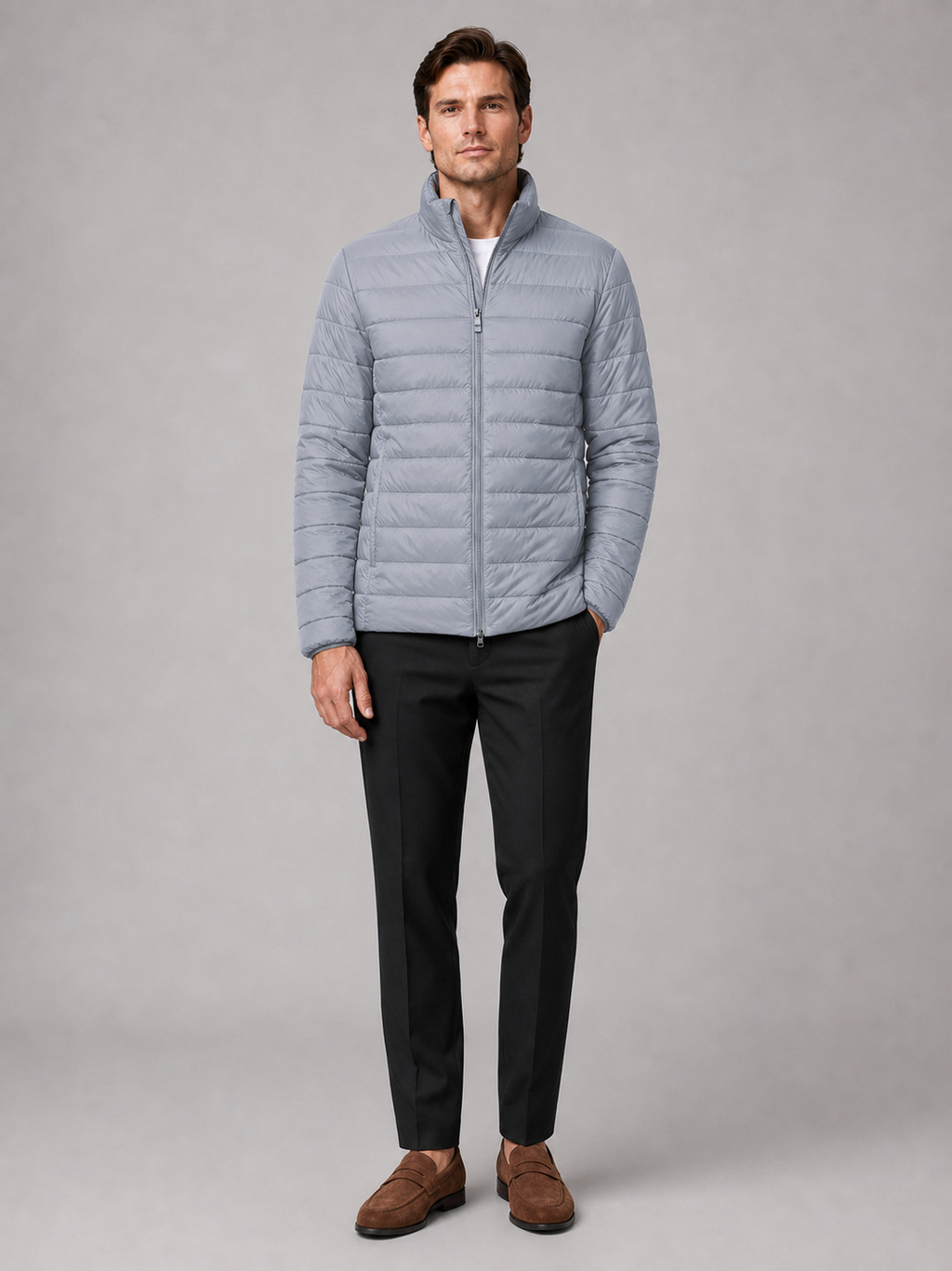 Light gray down puffer jacket for men warm windproof waterproof winter coat for outdoor and everyday wear