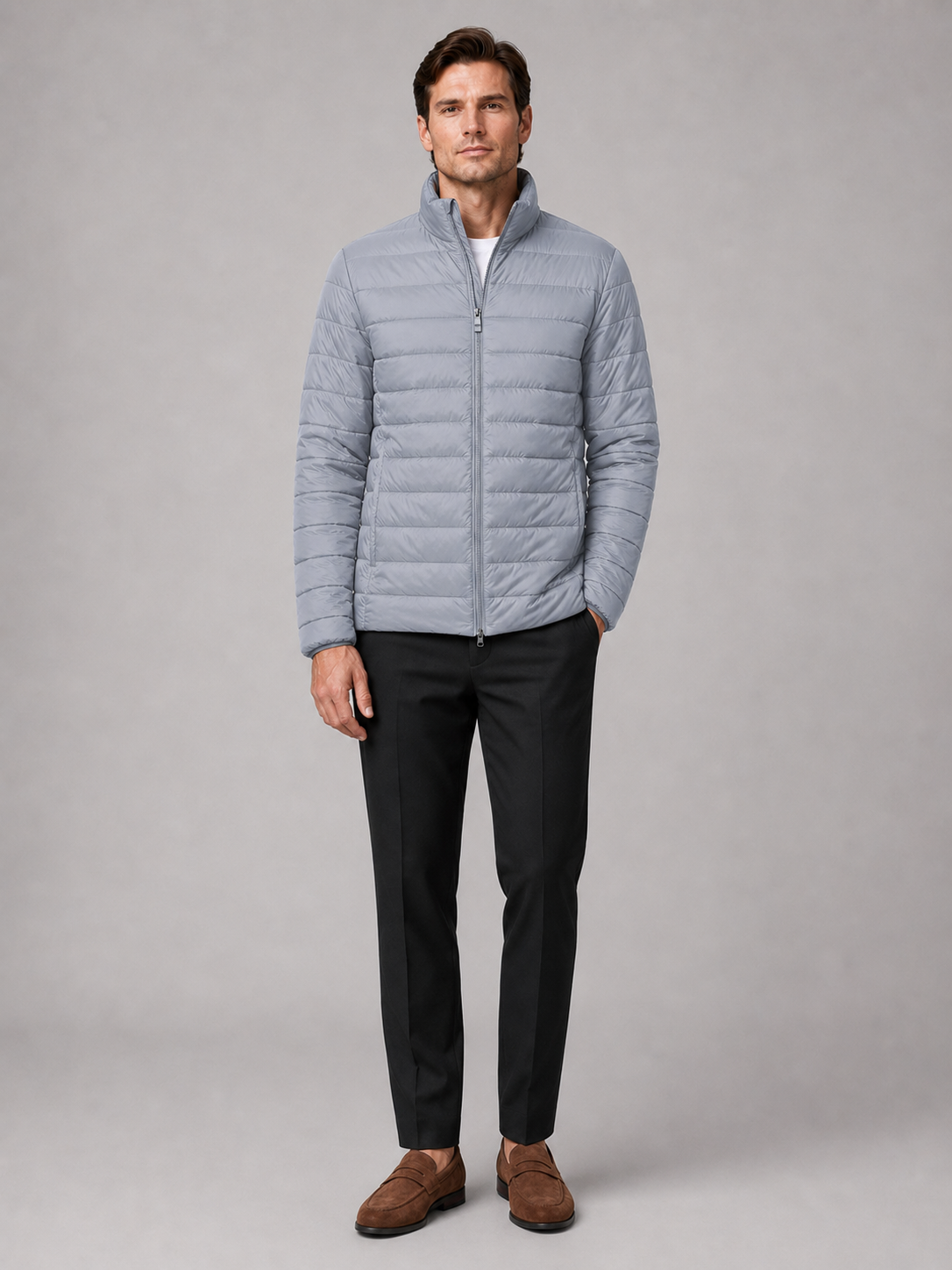 Light gray down puffer jacket for men warm windproof waterproof winter coat for outdoor and everyday wear