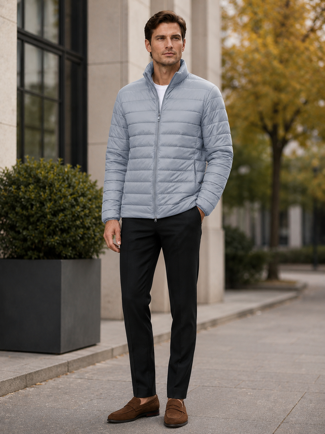 Man styling light gray down puffer jacket in a refined outdoor and everyday winter lifestyle outfit