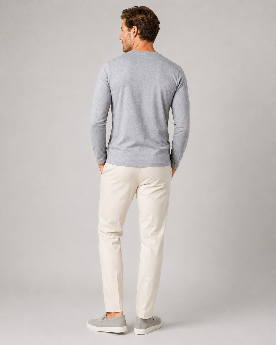 Light gray solid color long sleeve t shirt minimal fitted basic top for casual outfits