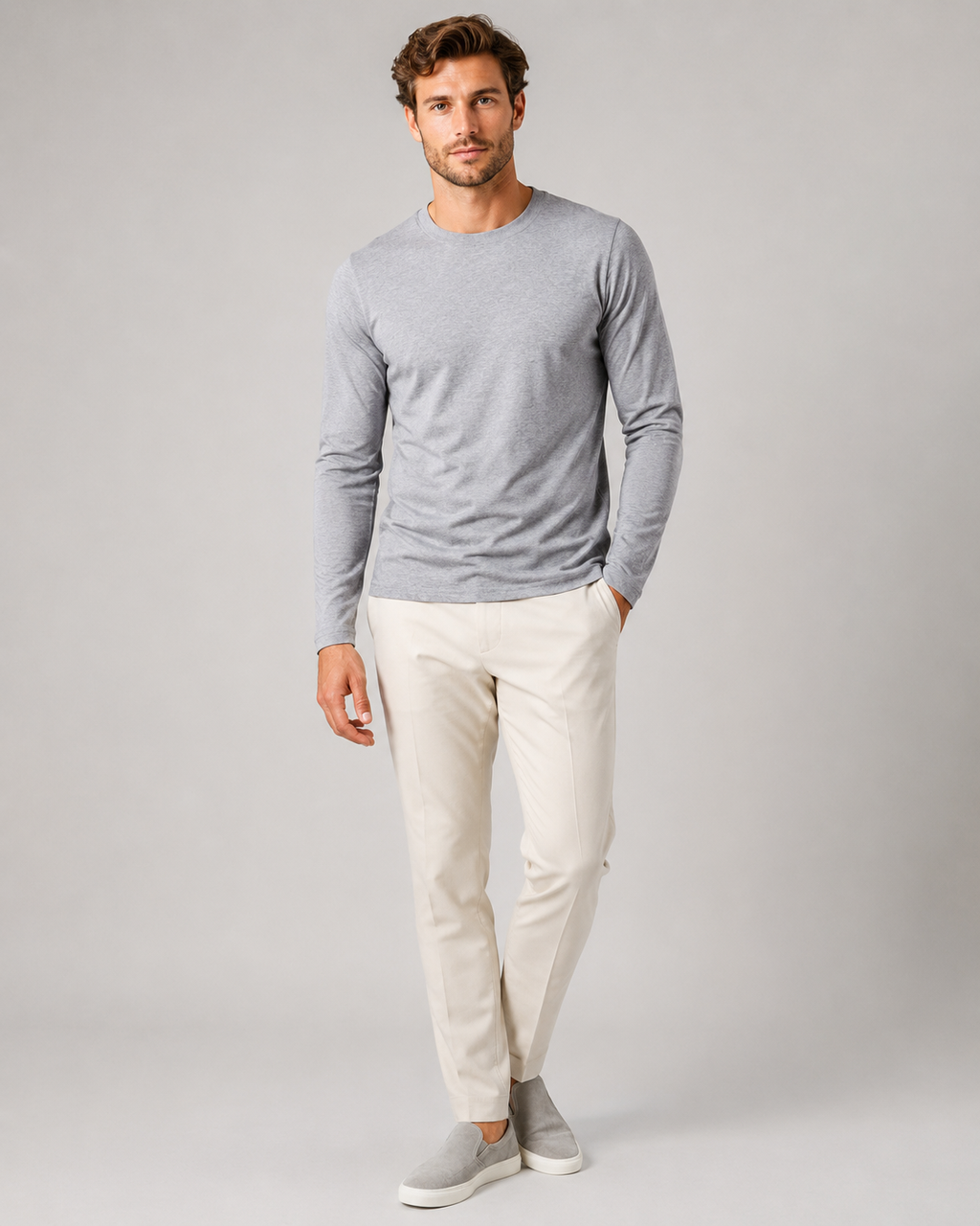 Men’s light gray crew neck long sleeve shirt slim fit comfortable spring wear