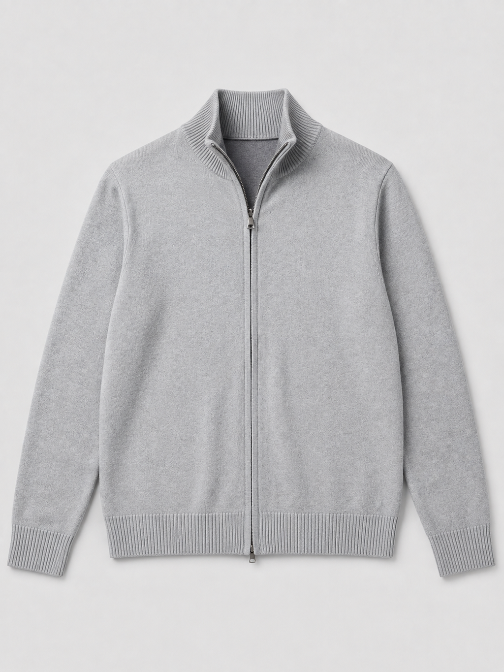 Light gray men’s full zip knit cardigan sweater with a stand collar and slim fit displayed on a plain background
