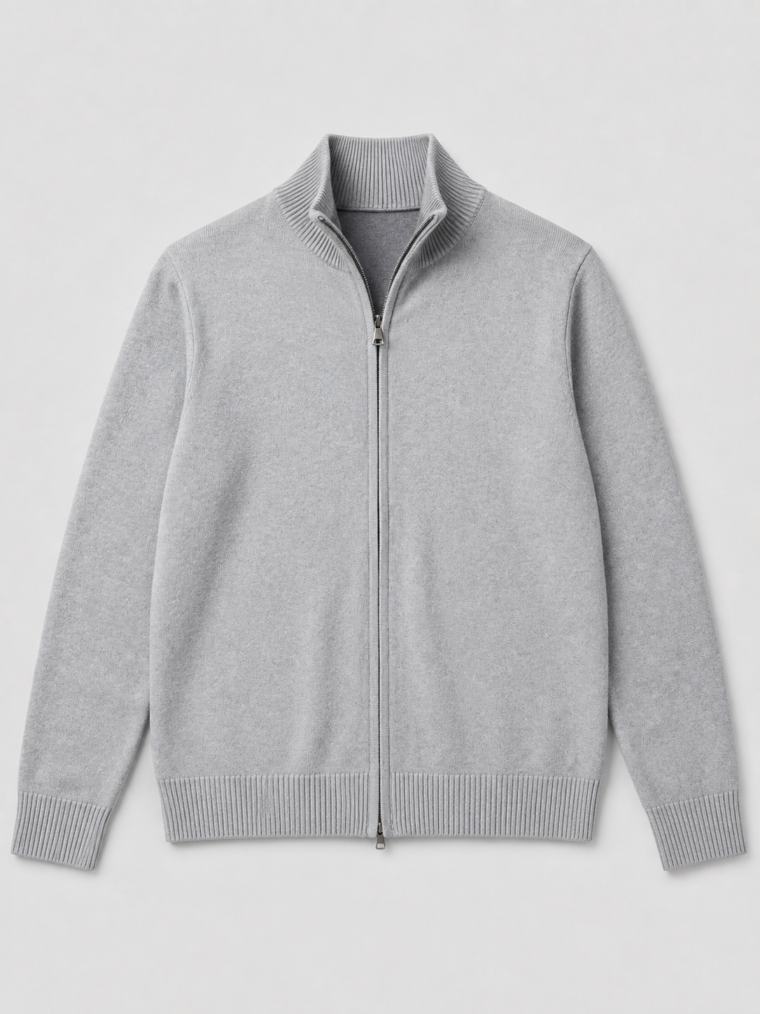 Light gray men’s full zip knit cardigan sweater with a stand collar and slim fit displayed on a plain background