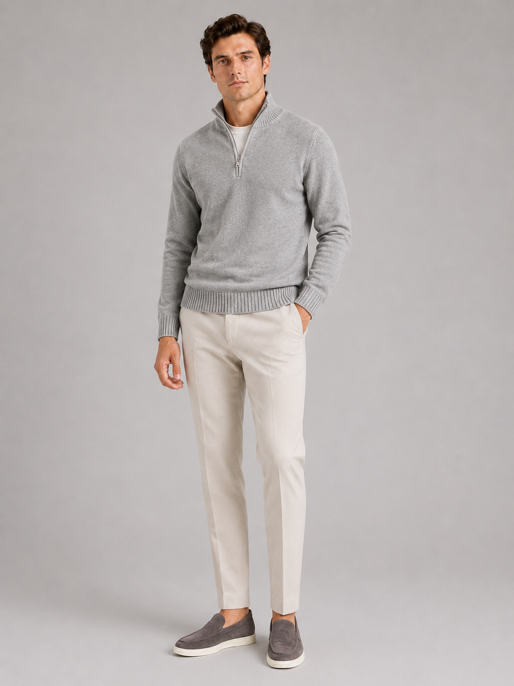 Light gray half zip knit sweater for men long sleeve pullover for everyday fall wear