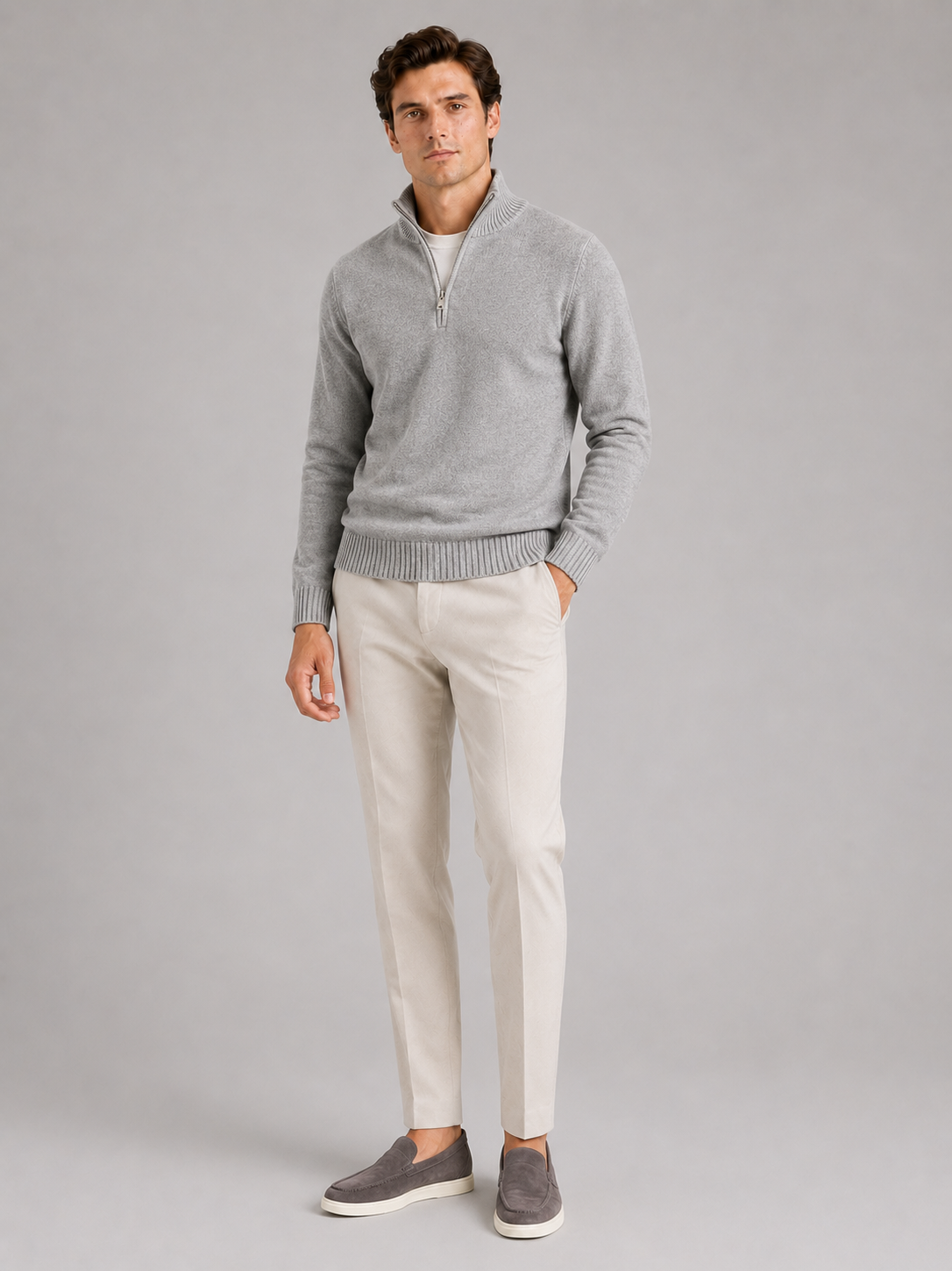 Light gray half zip knit sweater for men long sleeve pullover for everyday fall wear