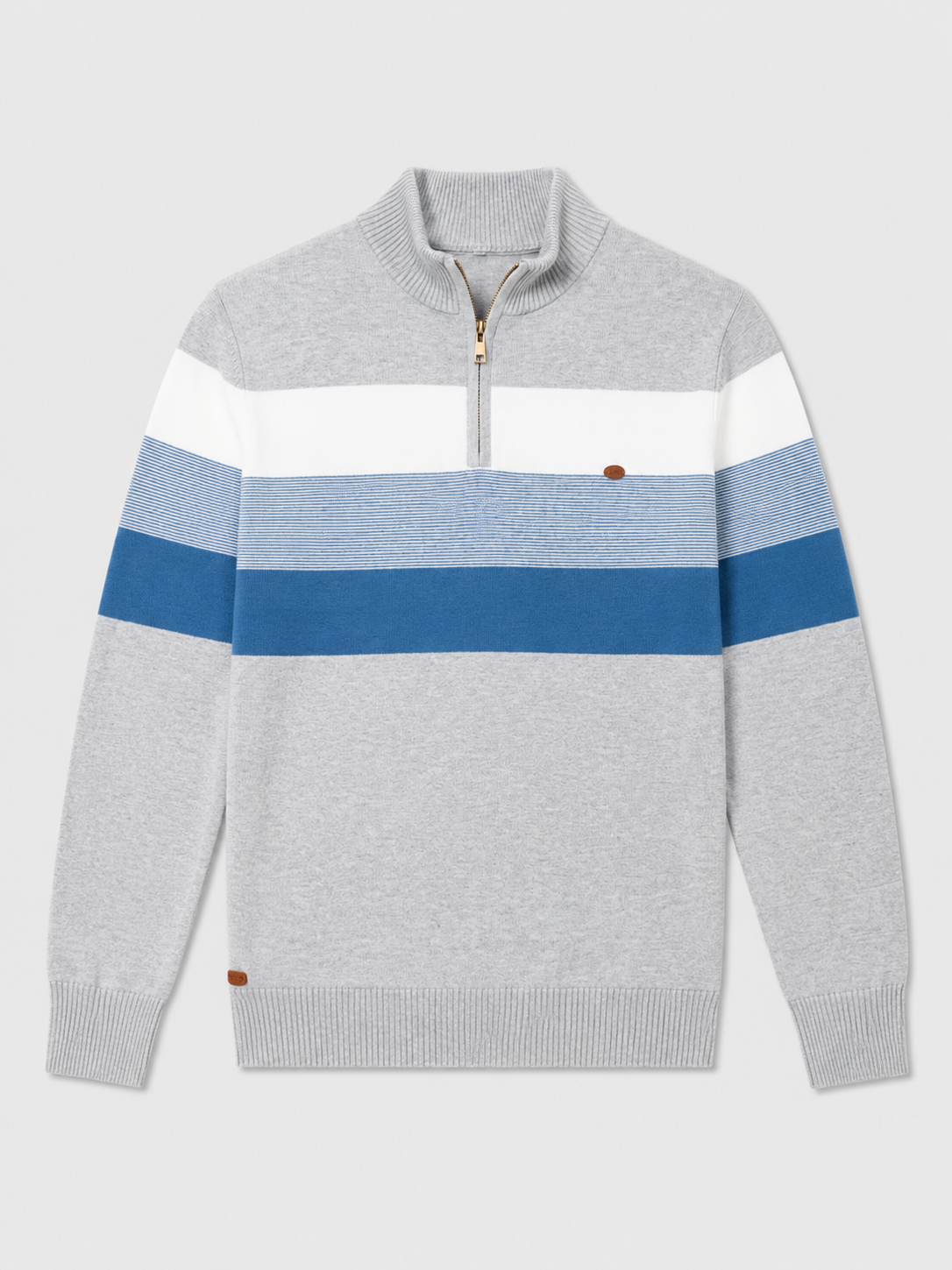 Light gray men’s patchwork cotton quarter zip sweater with mock neck displayed on a plain background