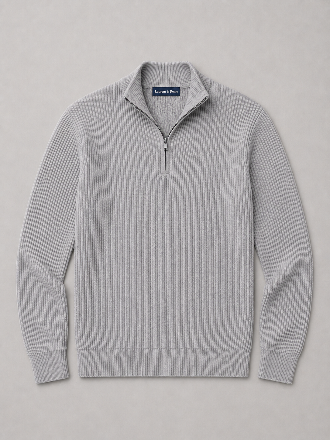 Light gray men’s slim fit quarter zip mock neck sweater displayed on a plain background