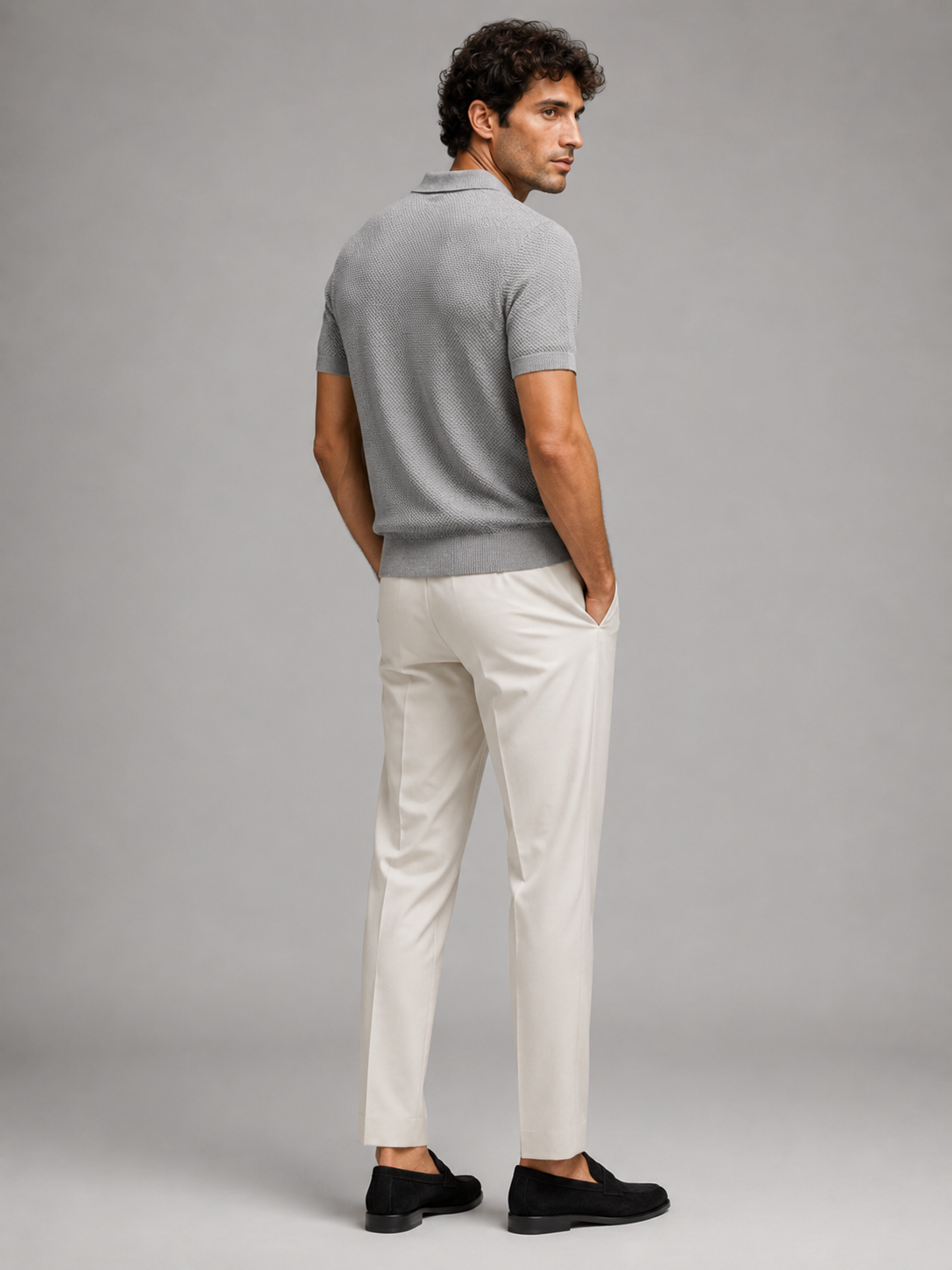Men’s light gray breathable knit polo shirt soft stretch fabric for smart casual outfits