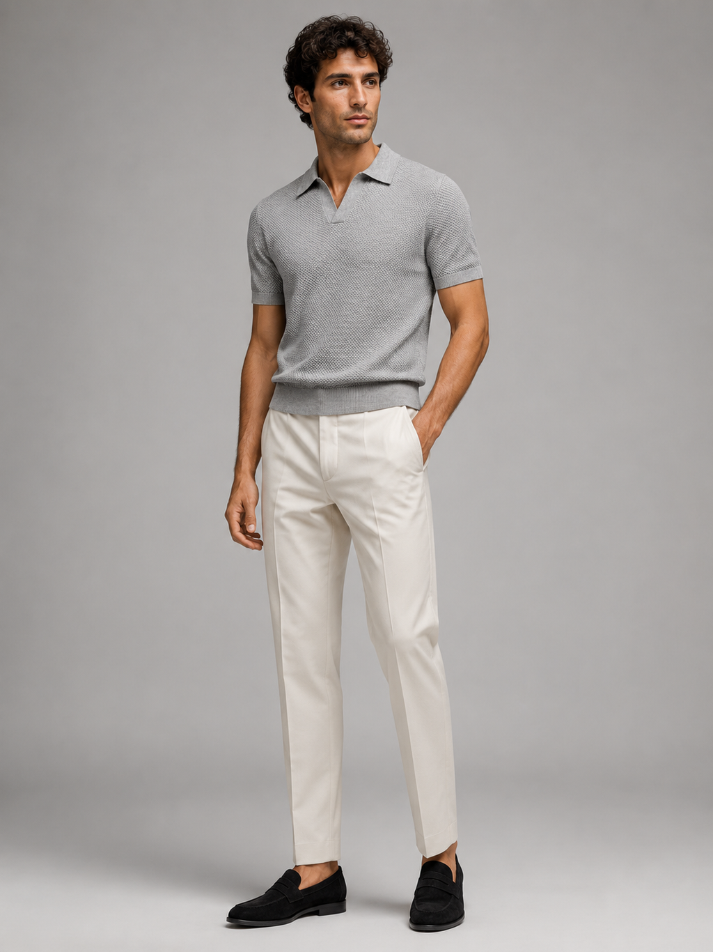 Light gray short sleeve knit polo for men comfortable lightweight summer casual wear