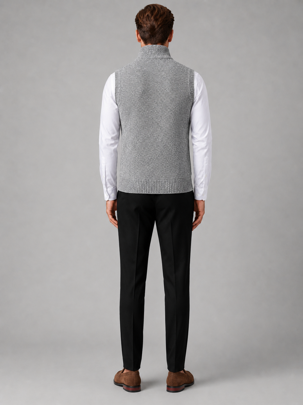 Men’s light gray stand collar sweater vest comfortable sleeveless knit layer for office and casual outfits