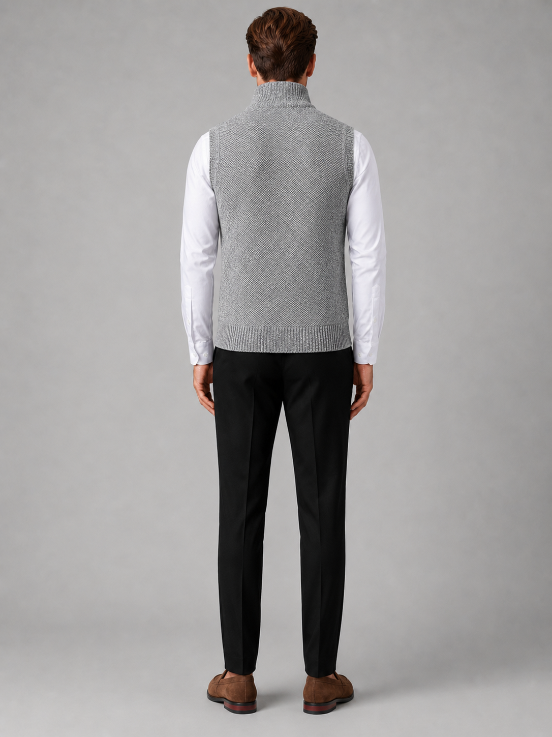 Men’s light gray stand collar sweater vest comfortable sleeveless knit layer for office and casual outfits
