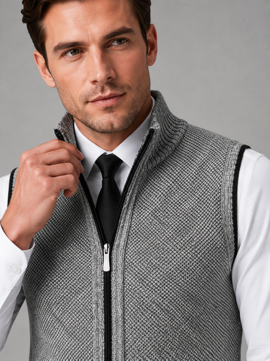 Close up of light gray full zip sweater vest showing soft knit texture and stand collar zipper detail