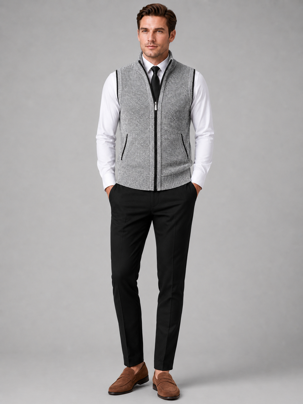 Light gray full zip sweater vest for men slim fit knit layer for business casual and everyday wear