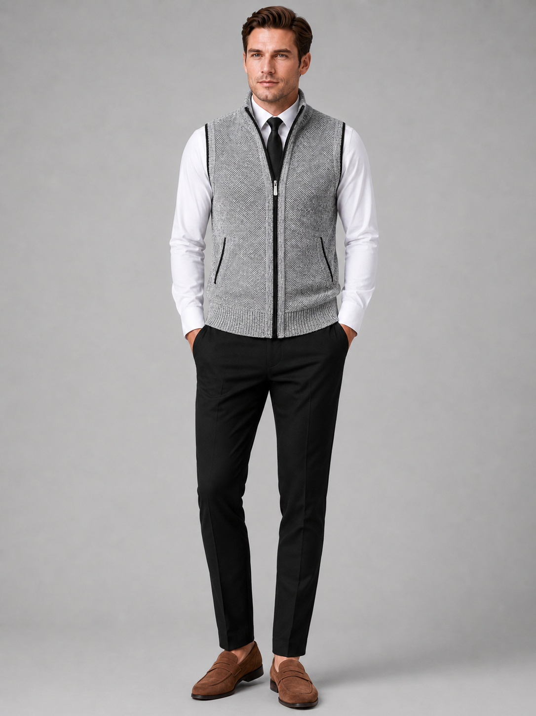 Light gray full zip sweater vest for men slim fit knit layer for business casual and everyday wear