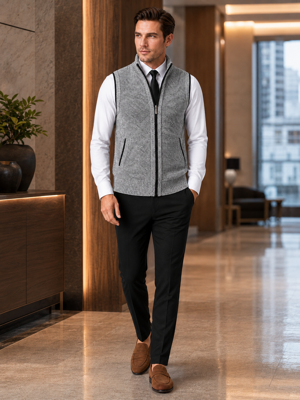Man styling light gray full zip sweater vest in a clean business casual and everyday lifestyle outfit