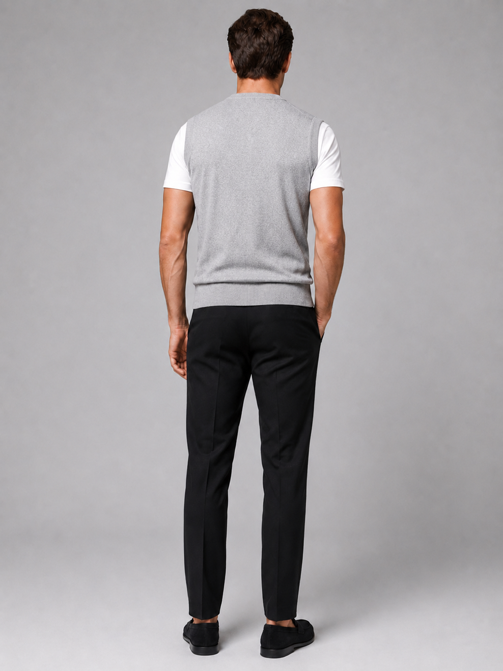 Men’s light gray knit sweater vest comfortable fall winter layer for office and casual outfits