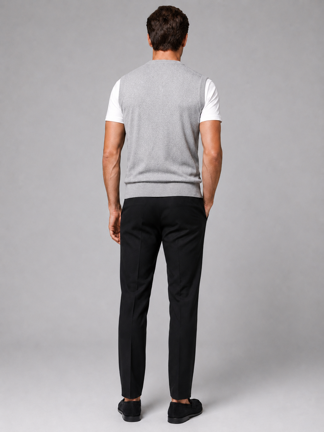 Men’s light gray knit sweater vest comfortable fall winter layer for office and casual outfits