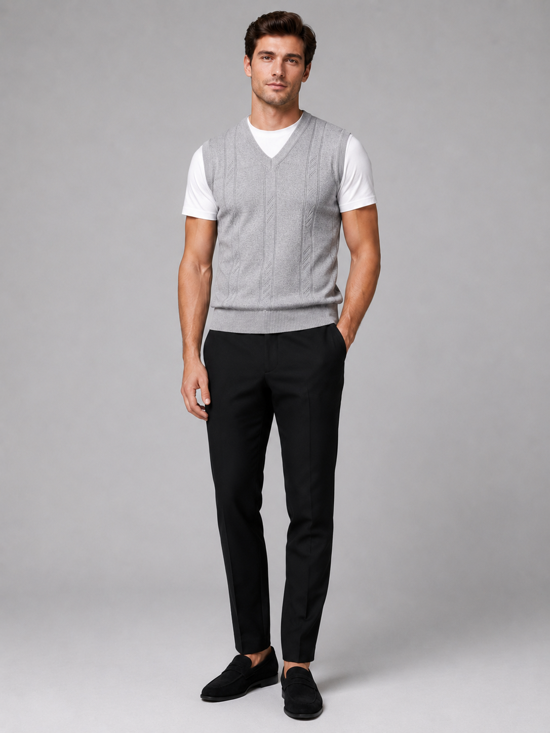 Light gray sleeveless sweater vest for men warm knit layer for everyday wear