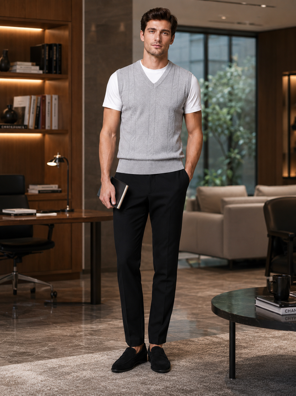 Man styling light gray v neck sweater vest in a refined business casual everyday outfit