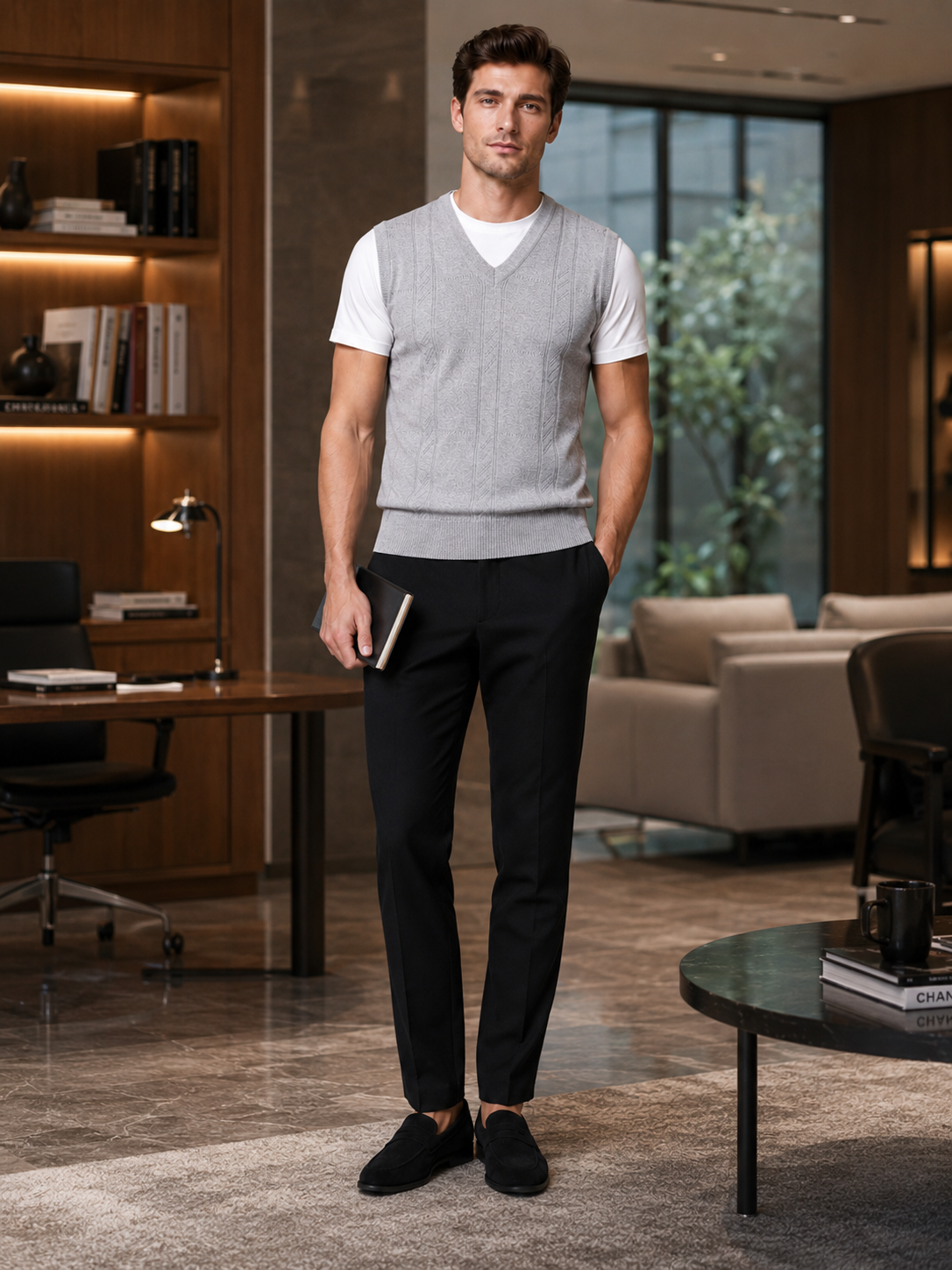 Man styling light gray v neck sweater vest in a refined business casual everyday outfit
