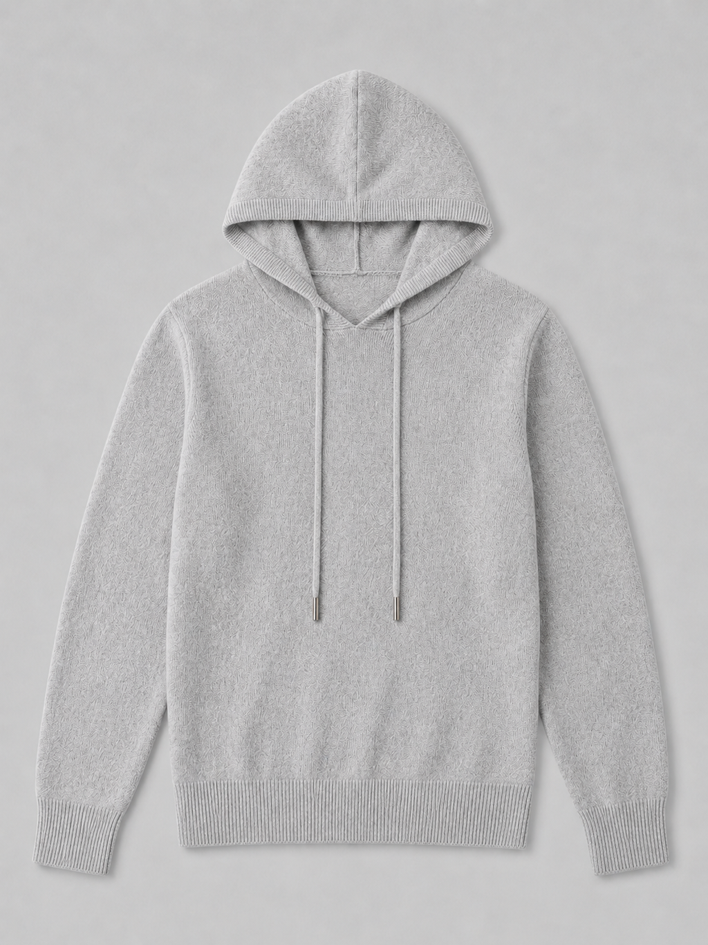 Light gray men’s wool knit hoodie sweater displayed on a plain background
