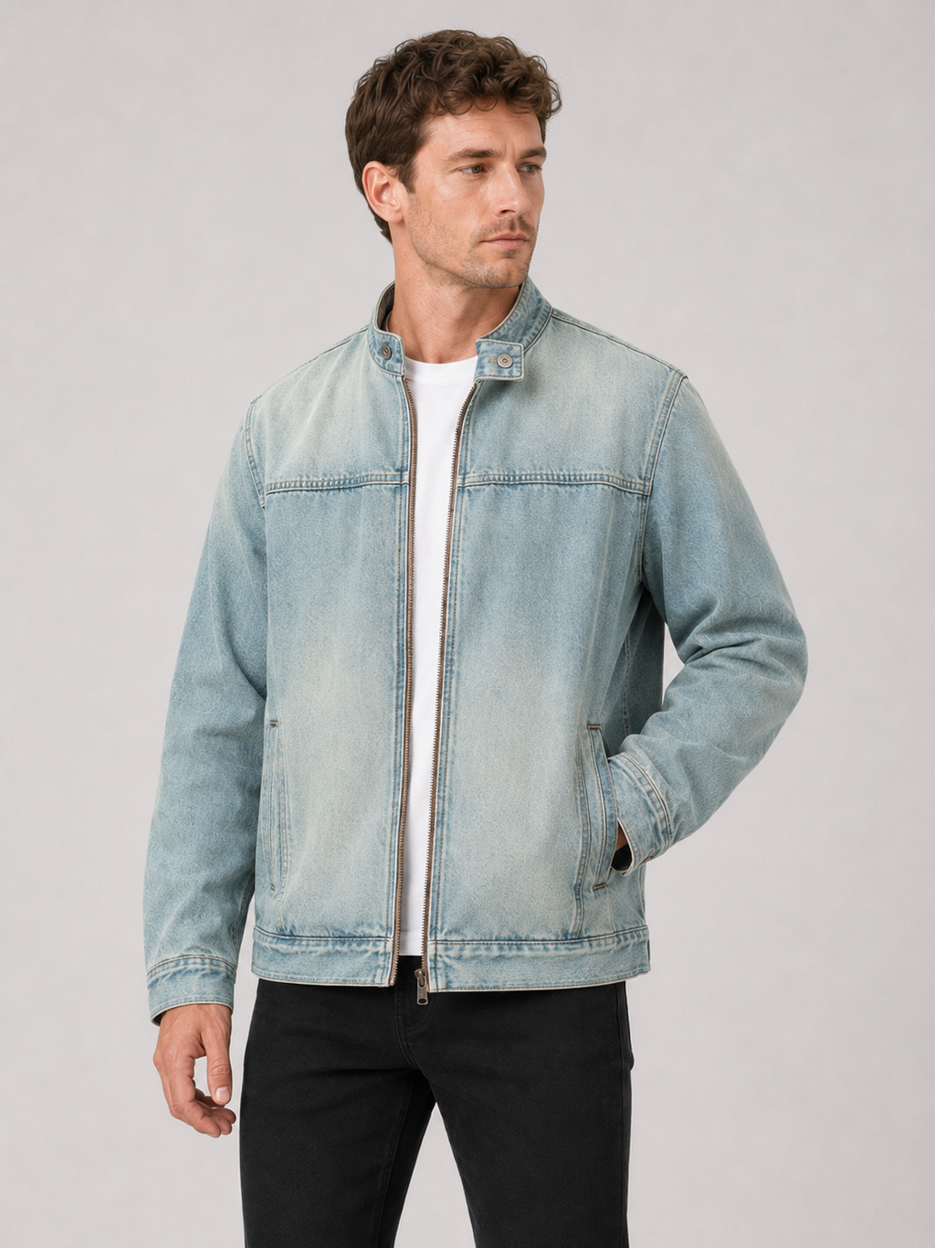 Men wearing light blue denim fall jacket zip up loose fit workwear streetwear style