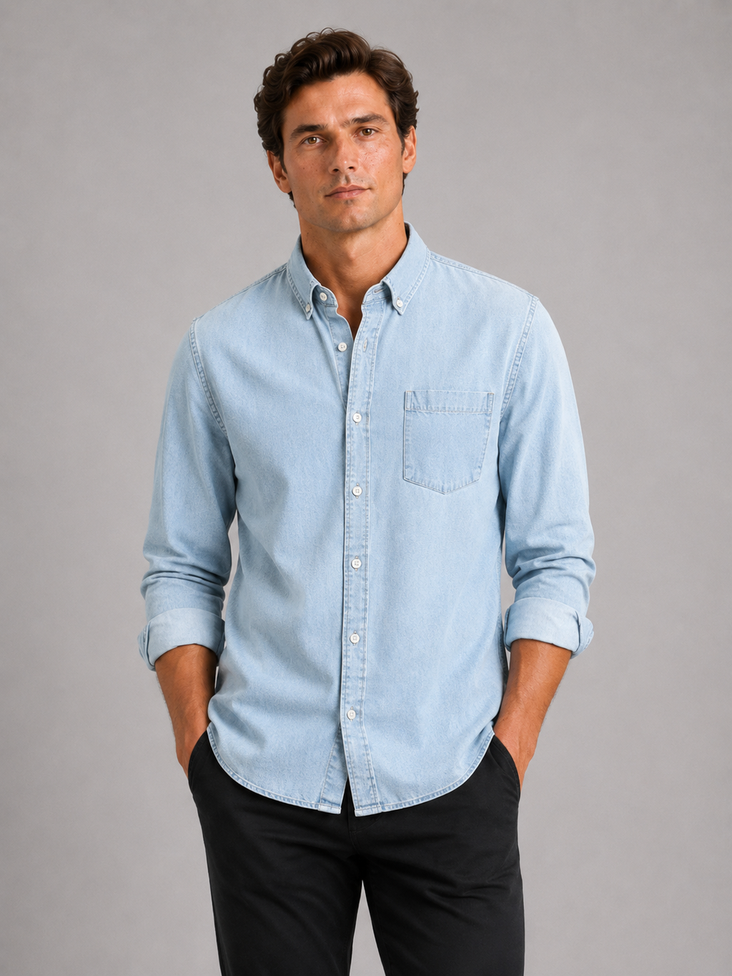 Men wearing blue denim shirt long sleeve button down casual spring summer fall style