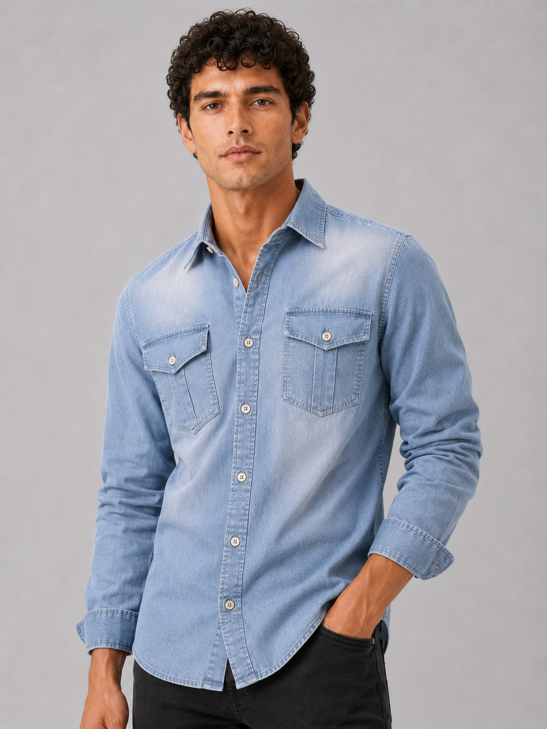Men wearing light blue denim shirt long sleeve slim fit washed cotton casual western style