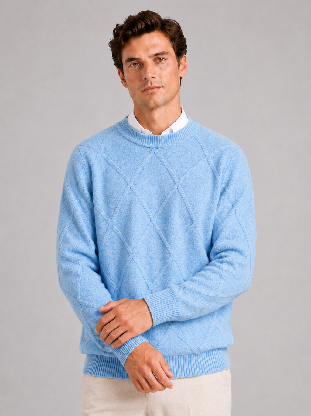 Men wearing light blue fleece cable knit sweater crew neck loose fit warm fall winter casual style