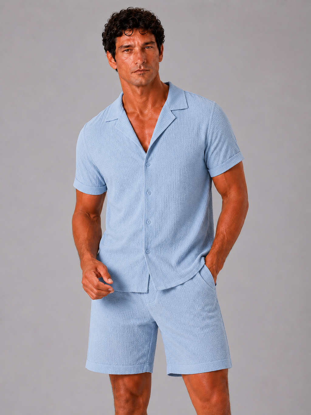 Men wearing light blue jacquard cotton two piece set lightweight breathable summer vacation outfit