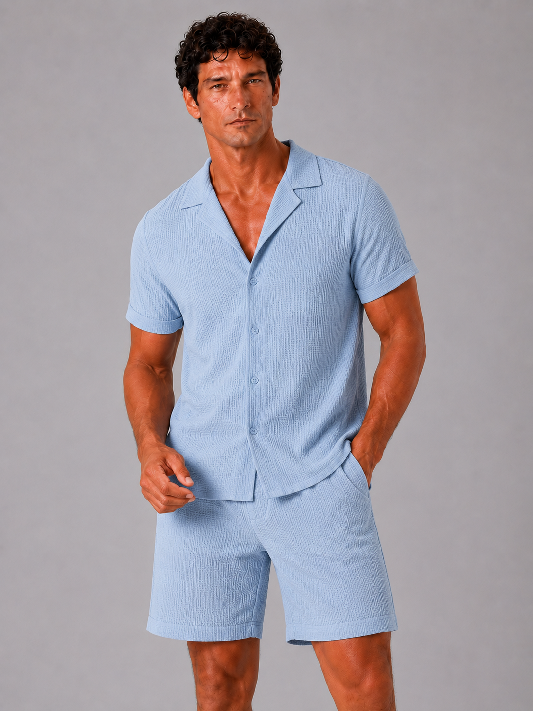 Men wearing light blue jacquard cotton two piece set lightweight breathable summer vacation outfit