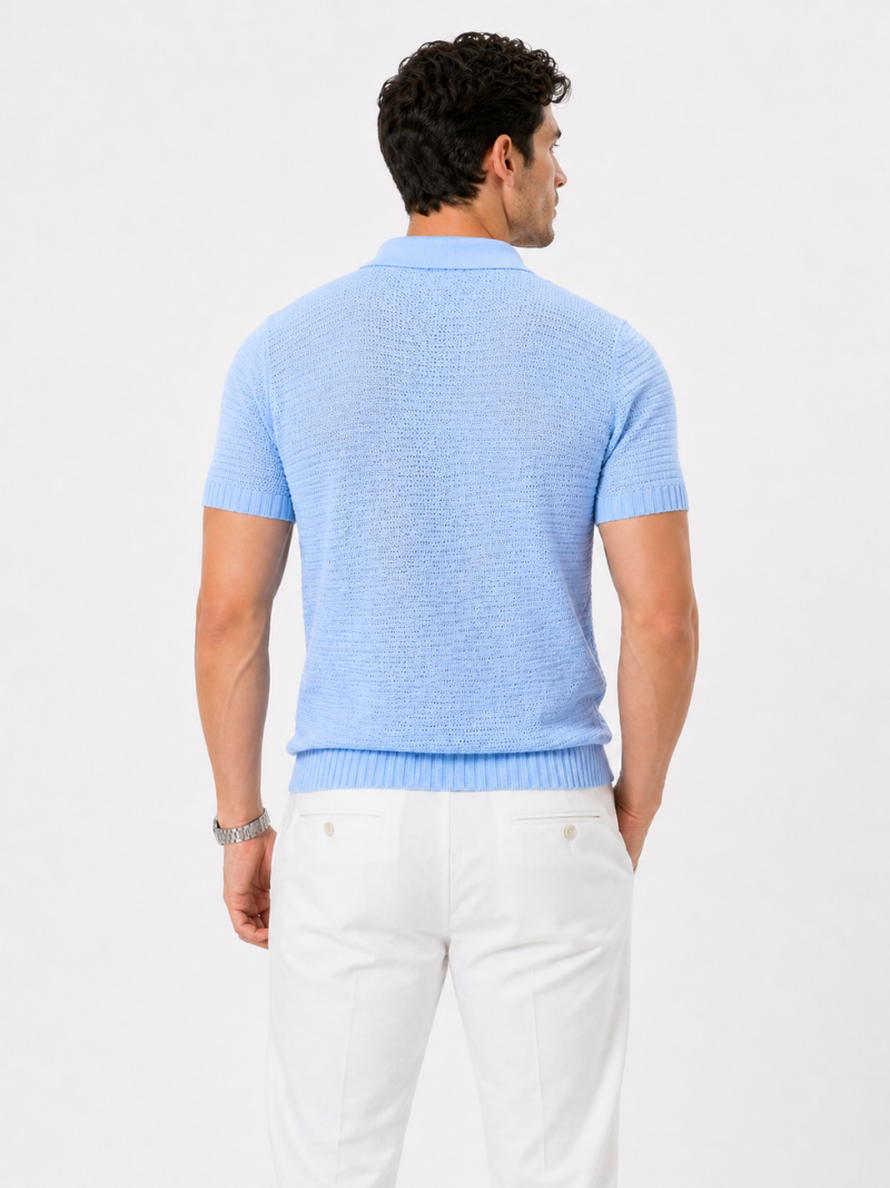 Light blue knit polo shirt for men lightweight breathable tailored fit casual summer vacation outfit