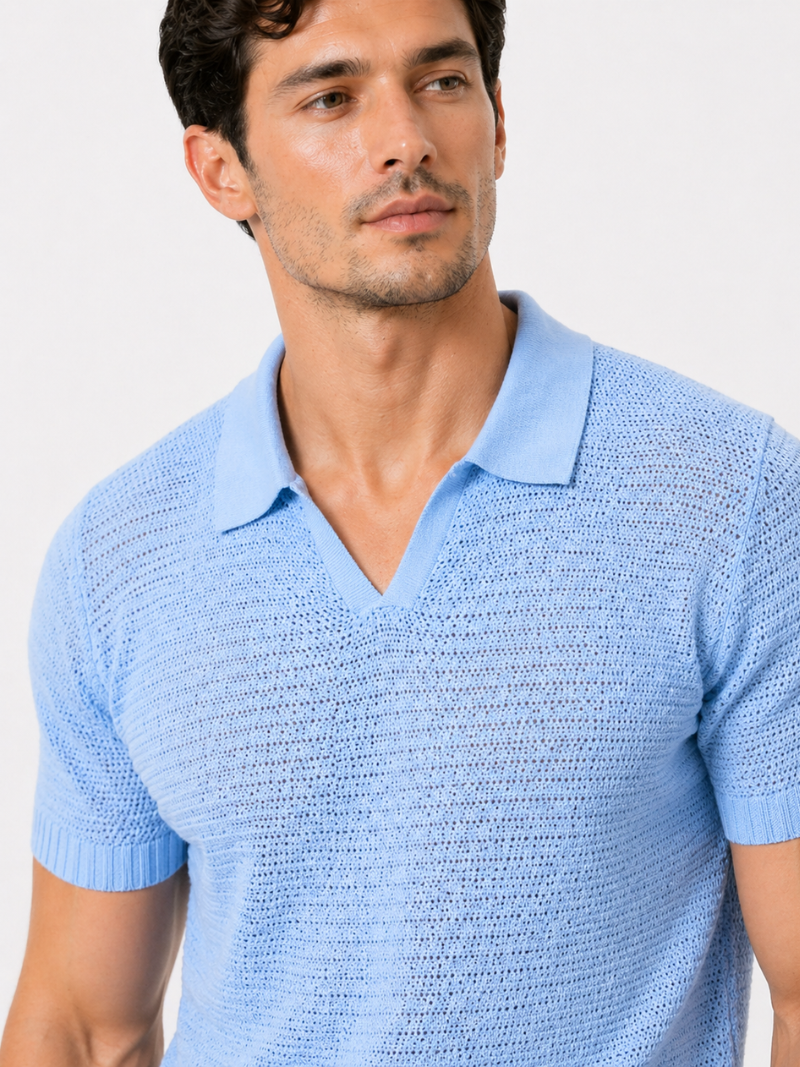 Men’s light blue knitted polo lightweight tailored summer shirt for refined coastal casual wear