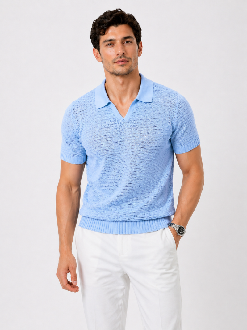 Men wearing light blue knit polo shirt lightweight tailored summer top for quiet luxury coastal style