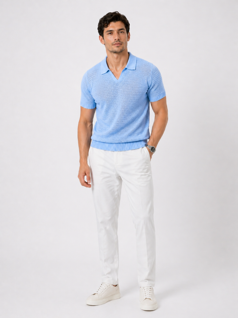 Light blue lightweight knit polo shirt soft breathable tailored top for summer vacation and quiet luxury style