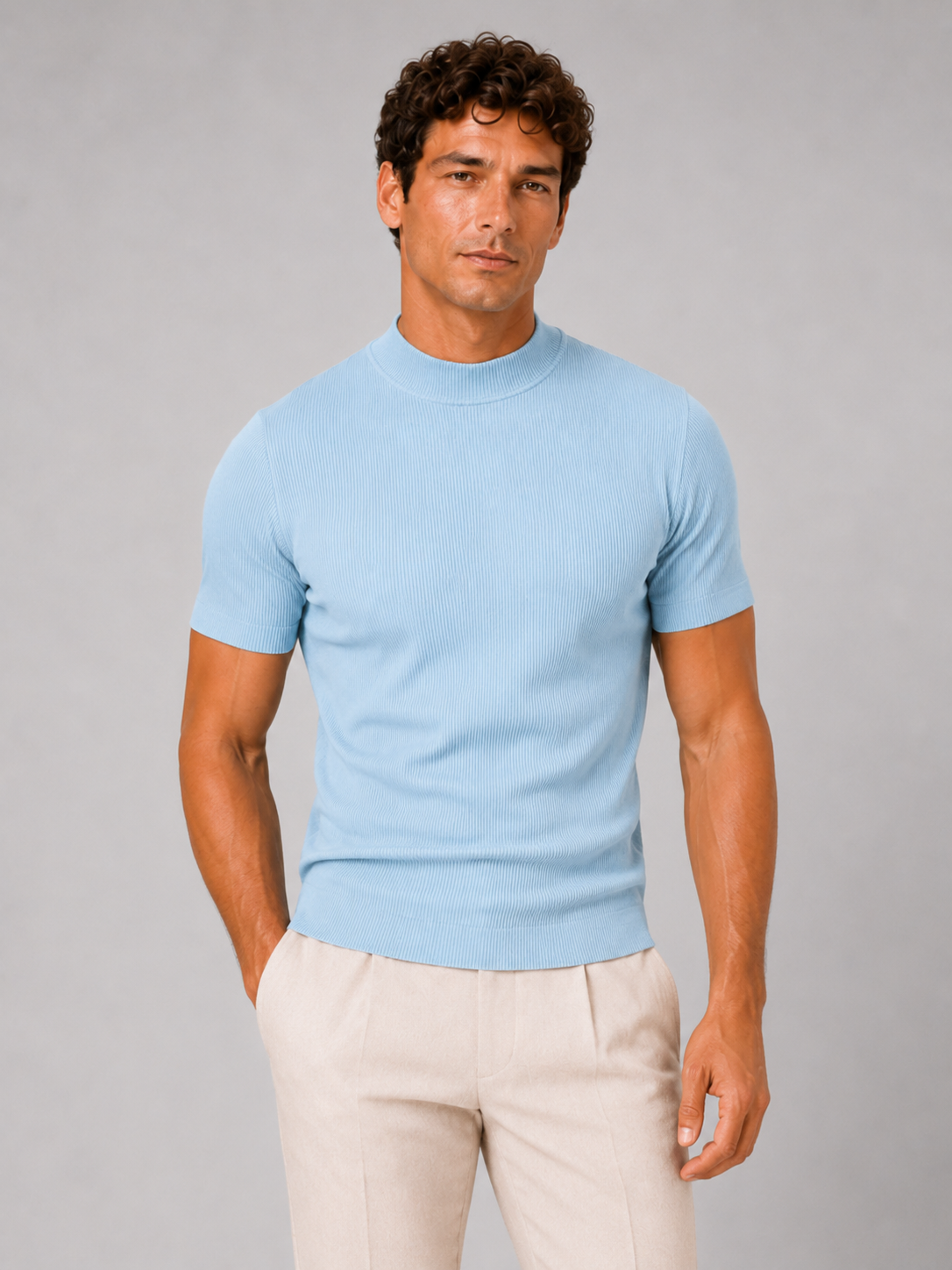 Men wearing light blue mock neck ribbed t shirt fitted stretch short sleeve summer style