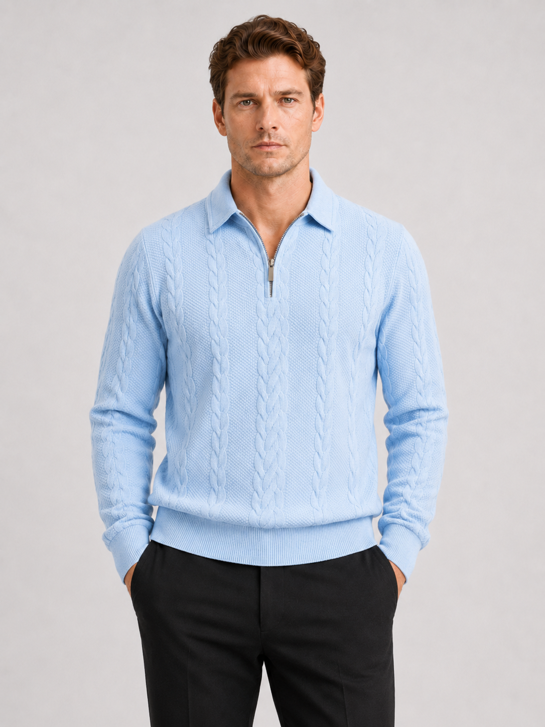 Men wearing light blue quarter zip sweater long sleeve turn down collar fall winter casual style