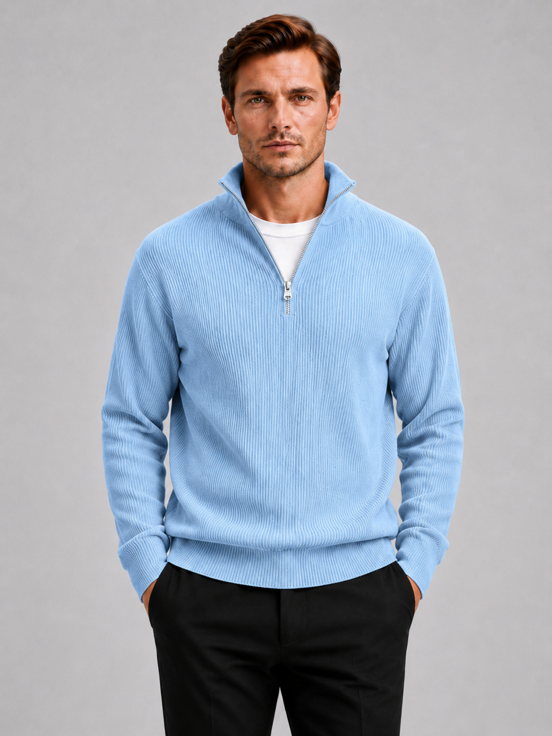 Men wearing light blue ribbed quarter zip sweater stand collar long sleeve fall winter business casual style