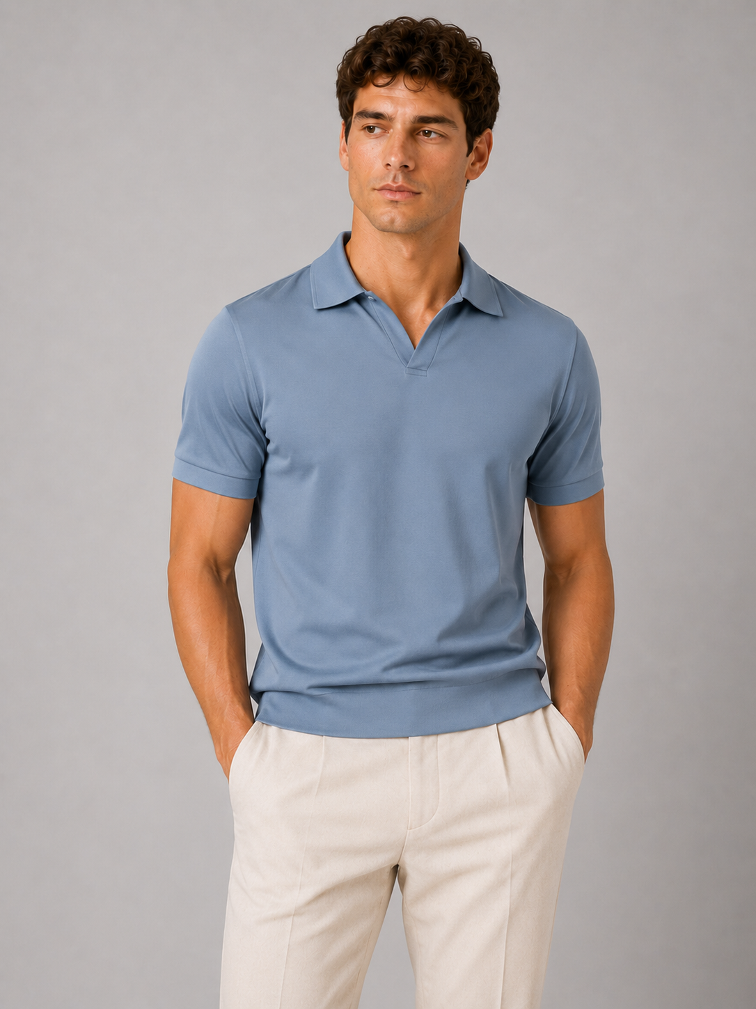 Men wearing light blue silky touch polo shirt breathable soft summer business casual style