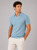 Men wearing light blue knit polo shirt lightweight breathable stretch short sleeve summer style