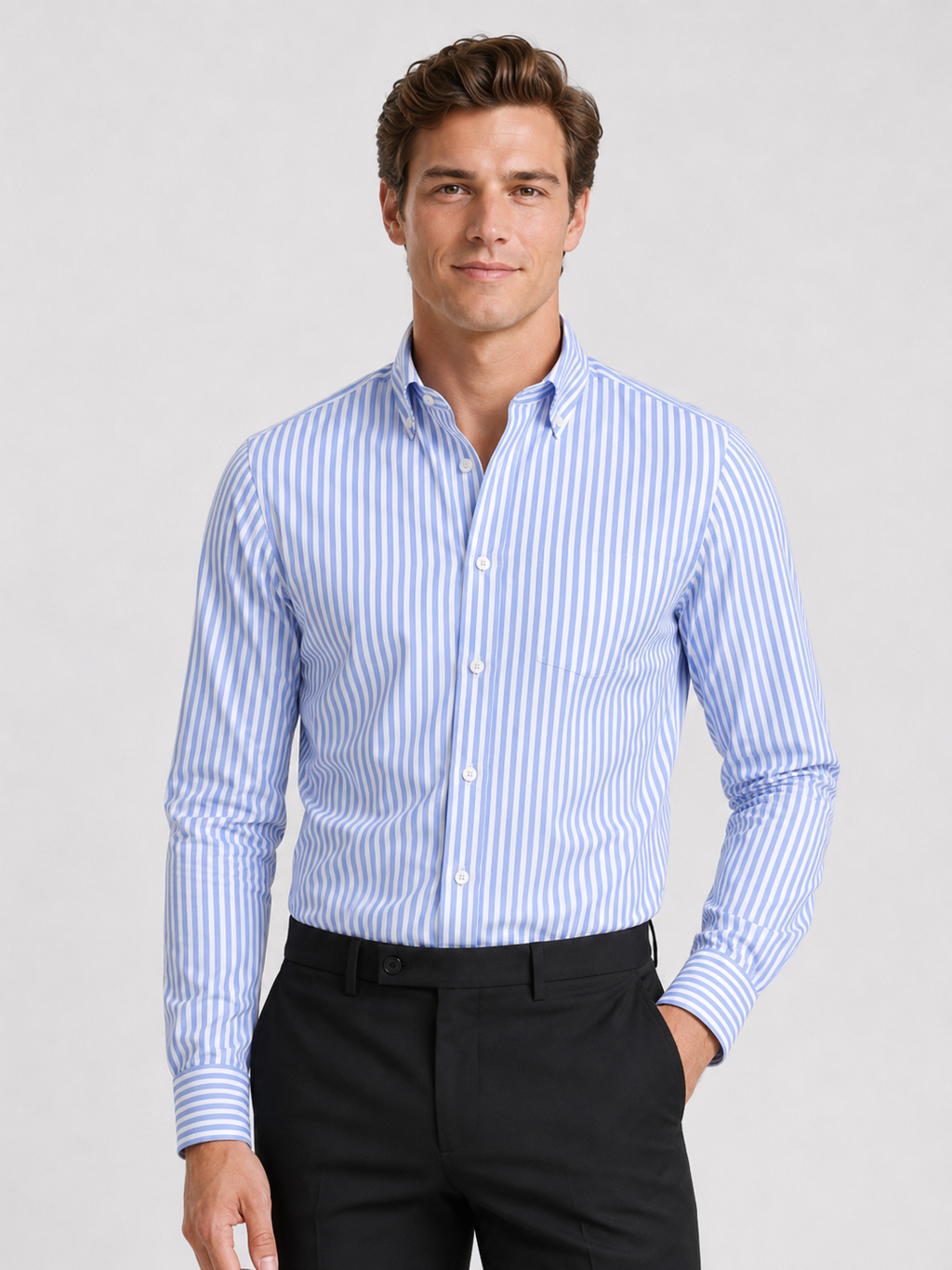 Men wearing light blue striped button down long sleeve shirt slim fit business casual office style