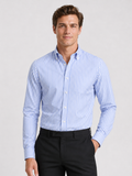 Men wearing light blue striped button down long sleeve shirt slim fit business casual office style