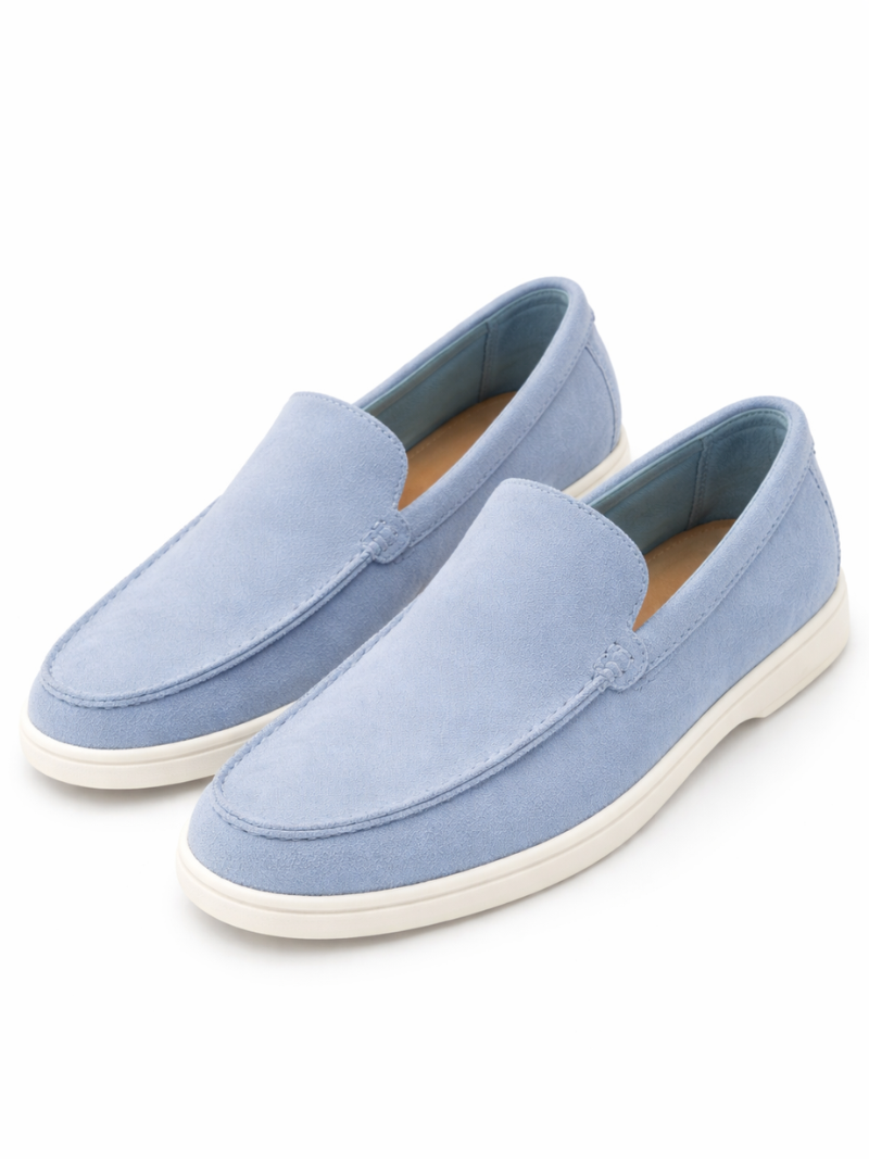 Men’s pastel blue suede leather loafers, lightweight slip-on driving shoes classic British style