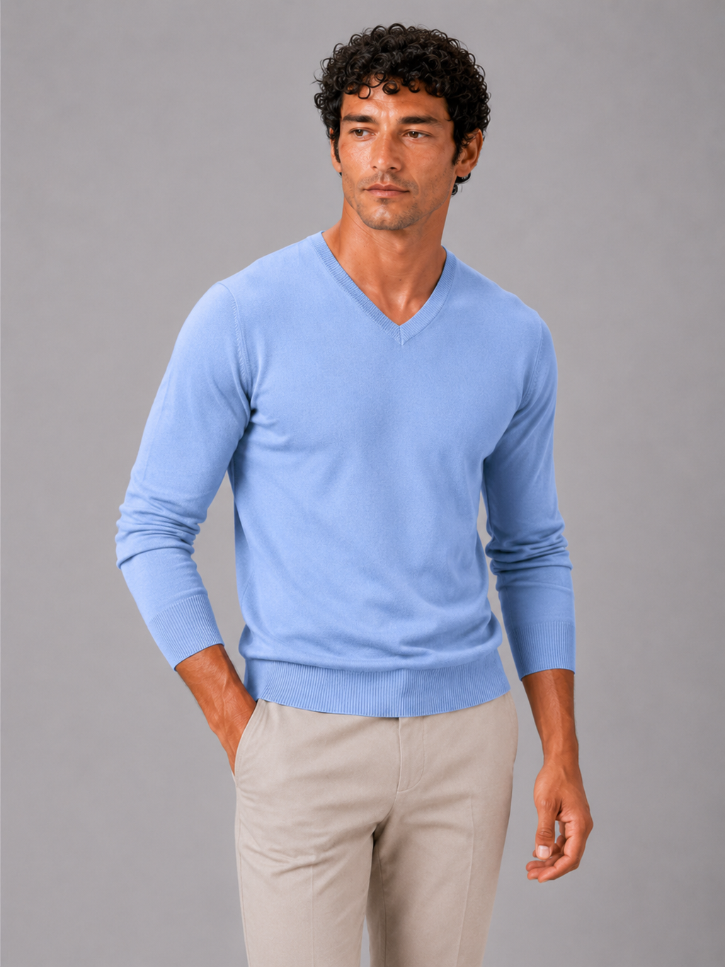 Men wearing light blue v neck knit sweater slim fit long sleeve lightweight fall casual style