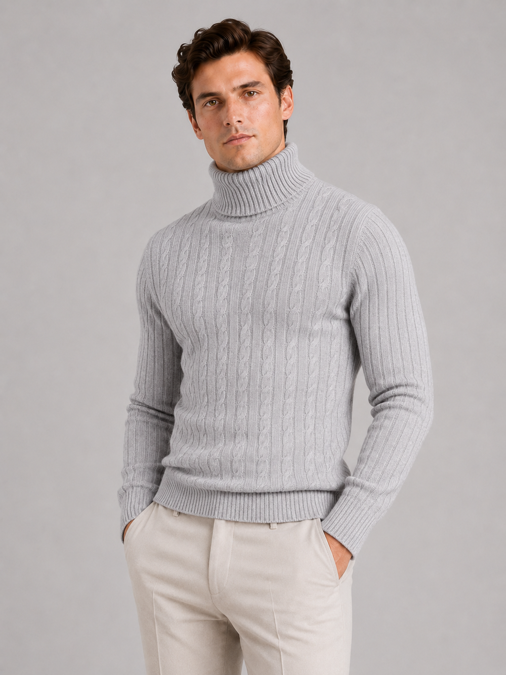 Men wearing light gray cable knit turtleneck sweater slim fit heavyweight winter casual style
