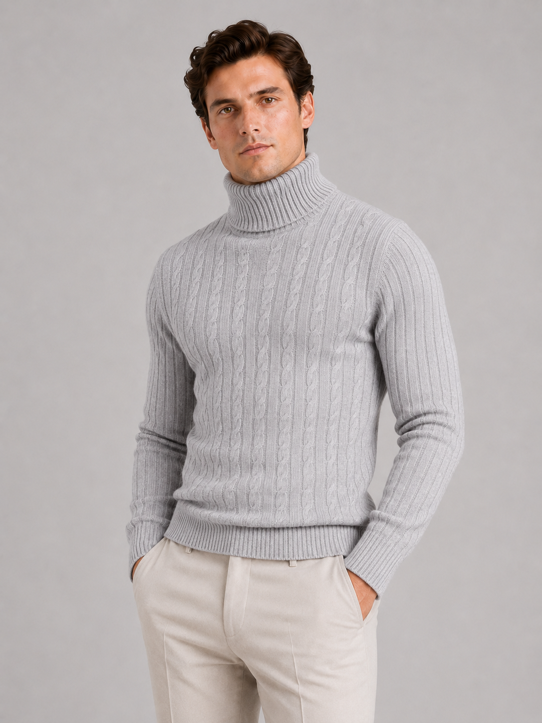Men wearing light gray cable knit turtleneck sweater slim fit heavyweight winter casual style