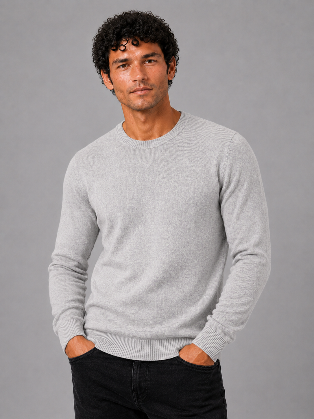 Men wearing light gray crew neck knit sweater long sleeve soft lightweight fall casual style