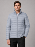 Men wearing light gray down puffer jacket stand collar windproof waterproof winter outdoor style